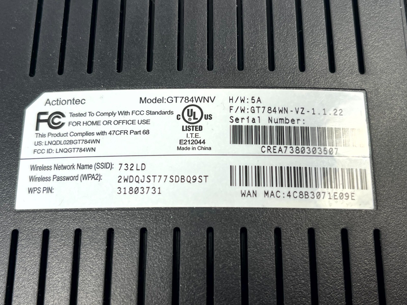 Verizon LTE Actiontec GT784WNV DSL M modem