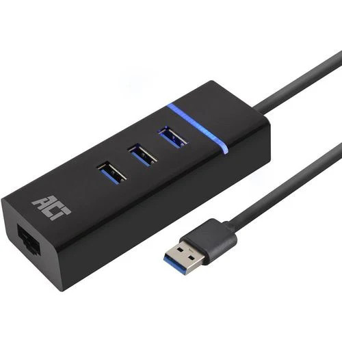 ACT Connectivity USB Hub 3.2 3x USB-A Ethernet, Black, Black
