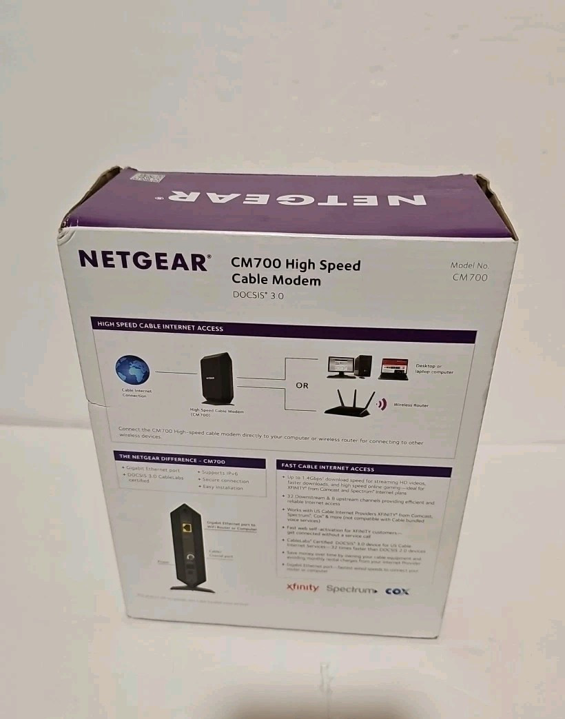 NETGEAR CM700 DOCSIS 3.0 Cable Modem in Original Box with Power Adaptor