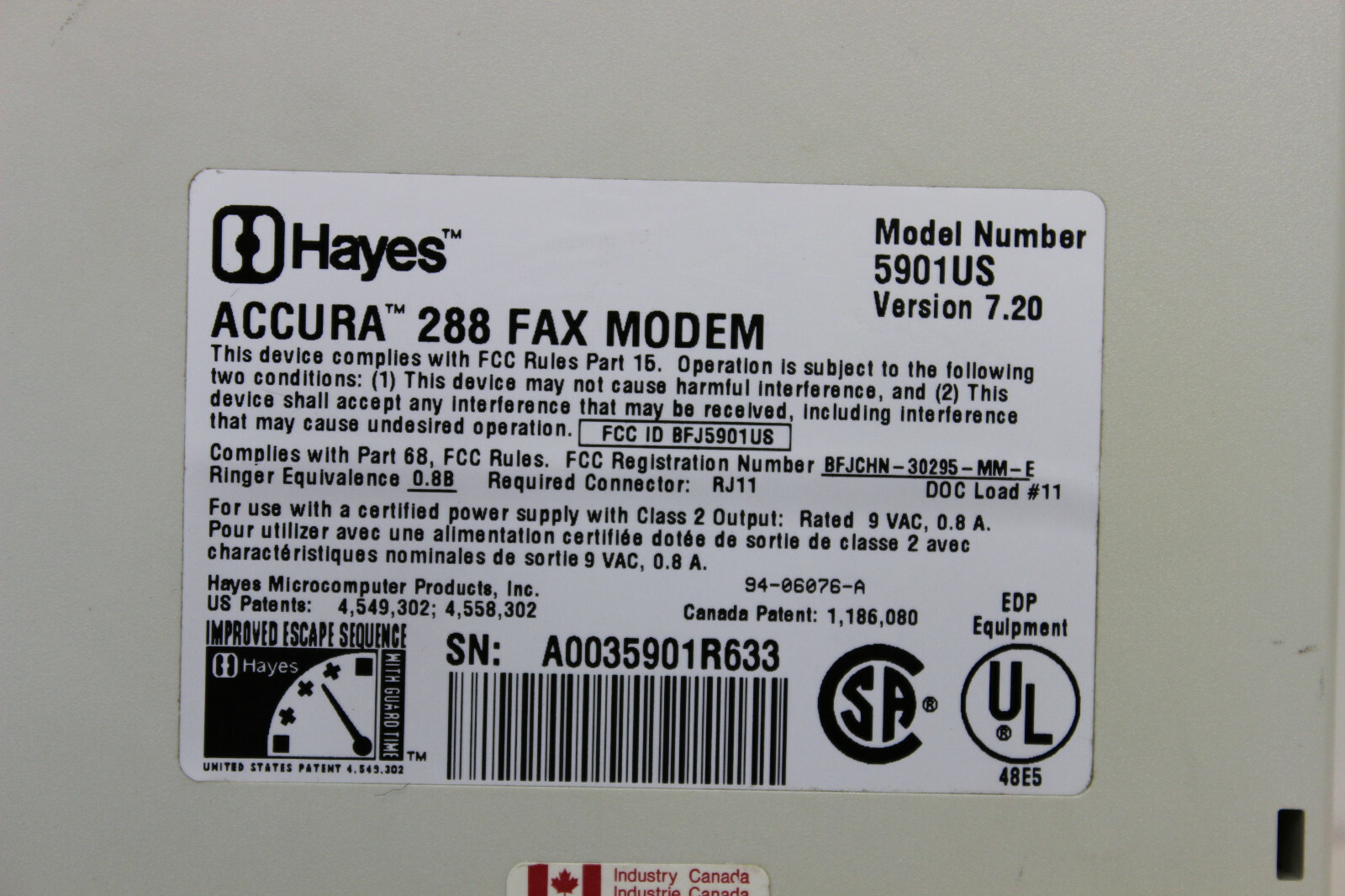 HAYES 5901US ACCURA 288 FAX MODEM ACCURA 288 V.34+FAX MODEM WITH WARRANTY