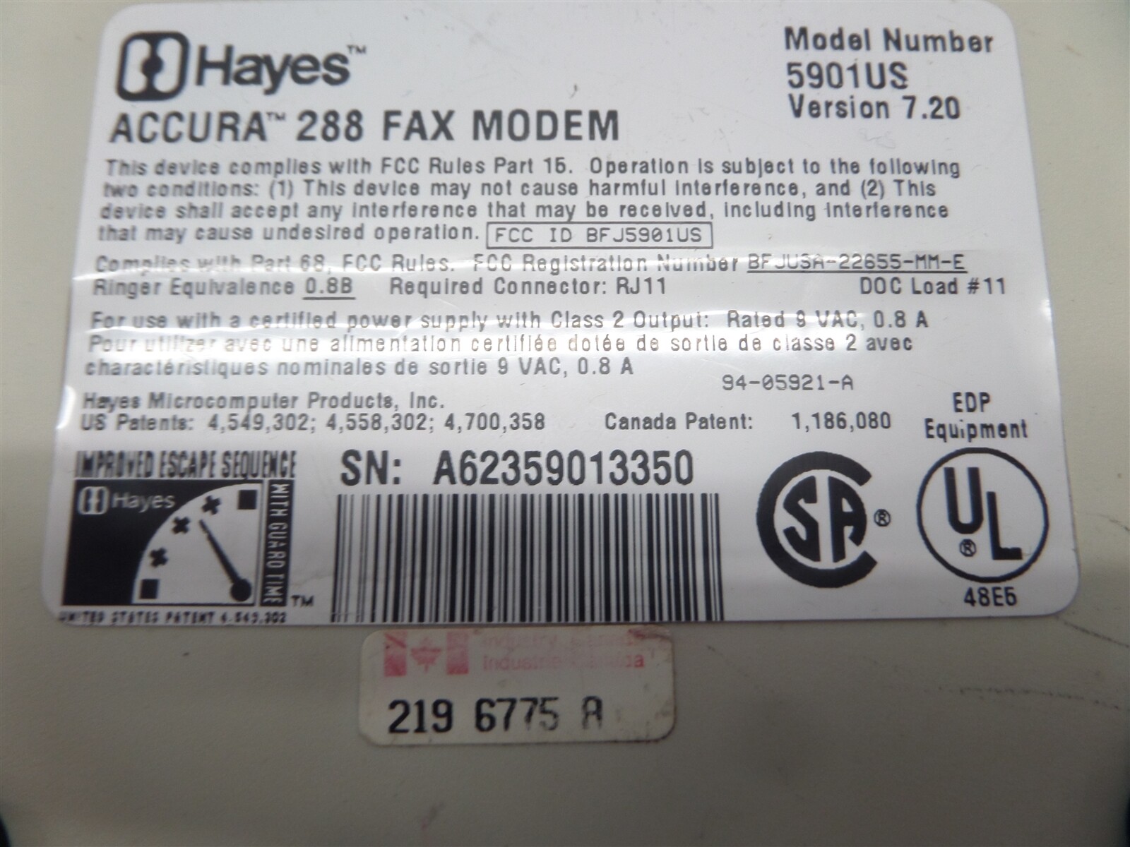 Hayes Accura 288 V.34 Fax Modem 5901US