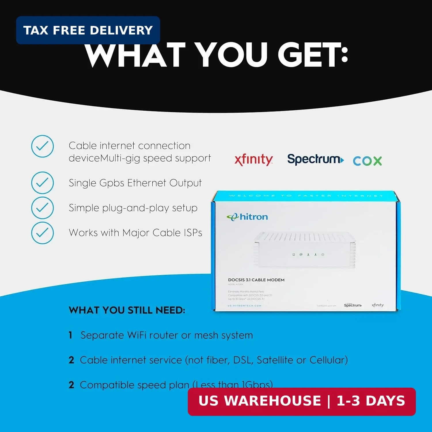 Hitron CODA DOCSIS 3.1 – Cable Internet ONLY (NOT Compatible with Fiber/DSL) | U