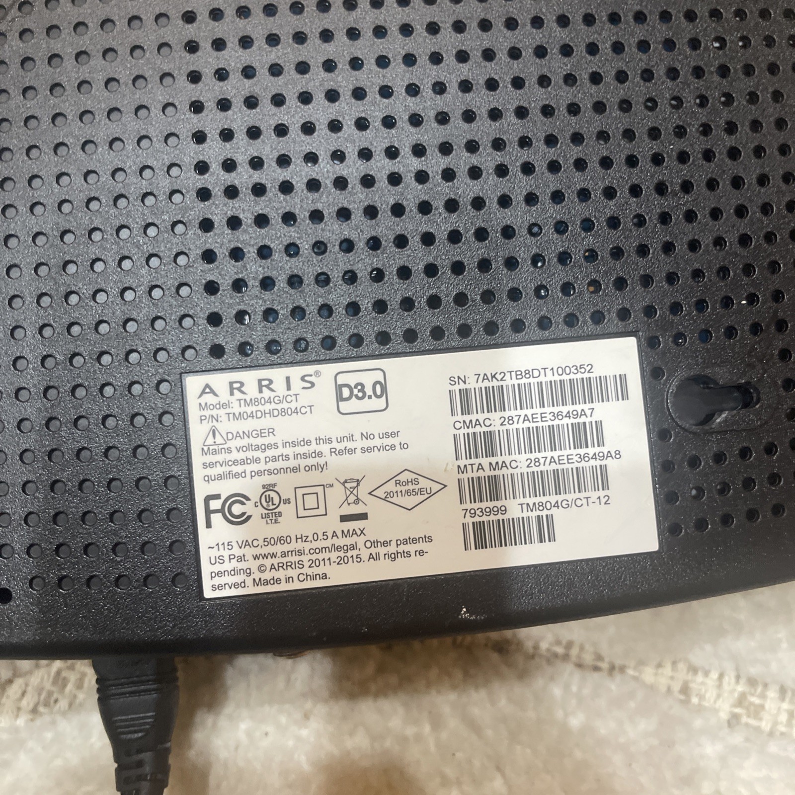 ARRIS Touchstone TM804G/CT 3.0 Internet Telephone, Telephony Modem L14