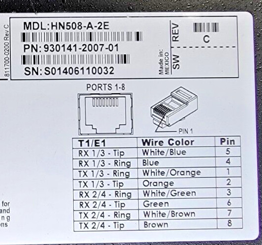 OVERTURE NETWORKS, HATTERAS, HN508-A-2E, ETHERNET OVER T1 MODEM, 8 PORTS, USED