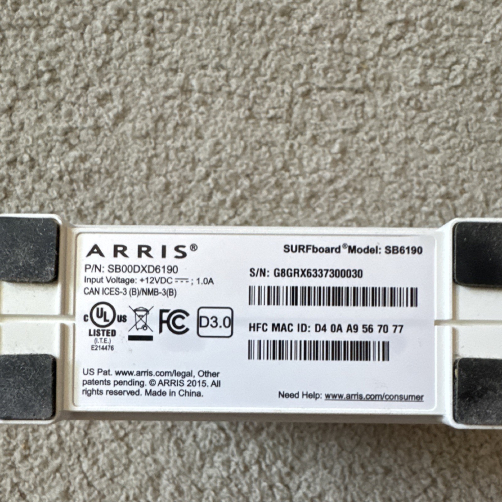 ARRIS SURFboard SB6190 Cable Modem DOCSIS 3.0 White Ethernet RJ-45 Port