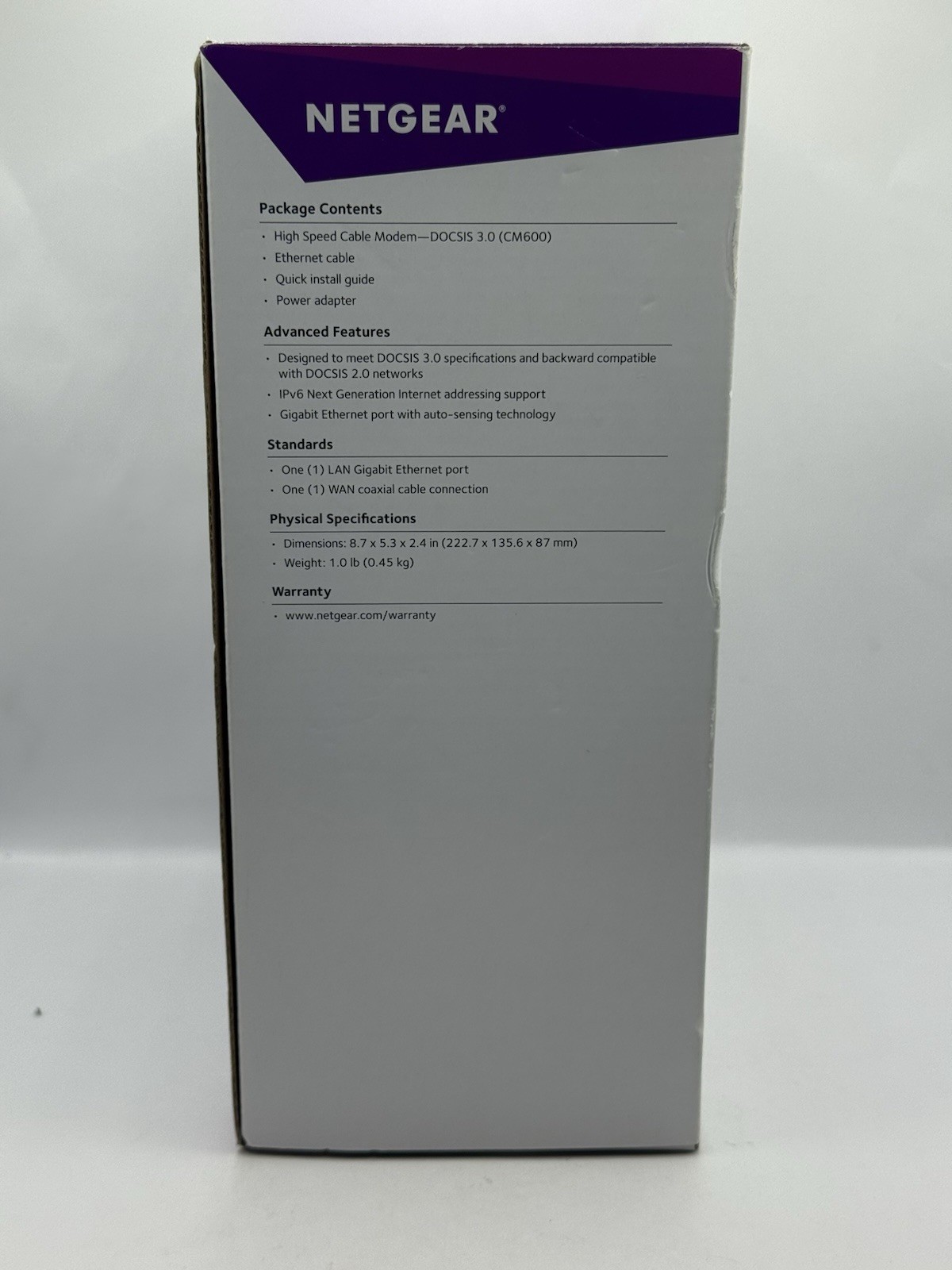NETGEAR CM600 HIGH SPEED CABLE MODEM DOCSIS 3.0 Open Box Never Used