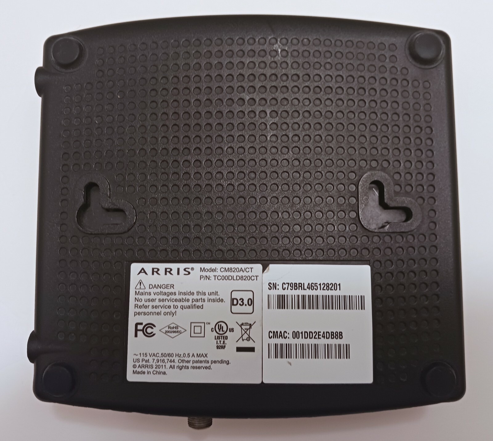 ARRIS CM820A/CT DOCSIS 3.0 Cable Modem /Power Cable Preowned Excellent Conditon