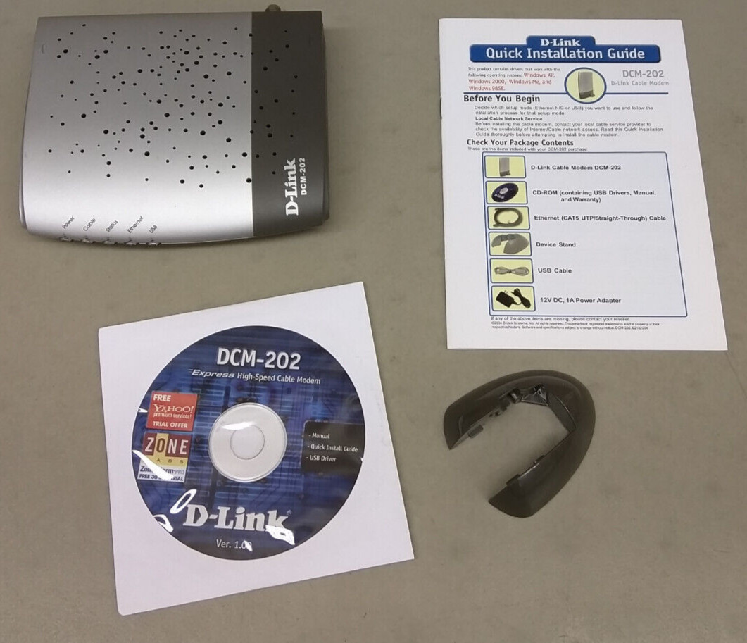 D-Link DCM-202 Cable Modem EUC Ethernet USB Stand CD-ROM