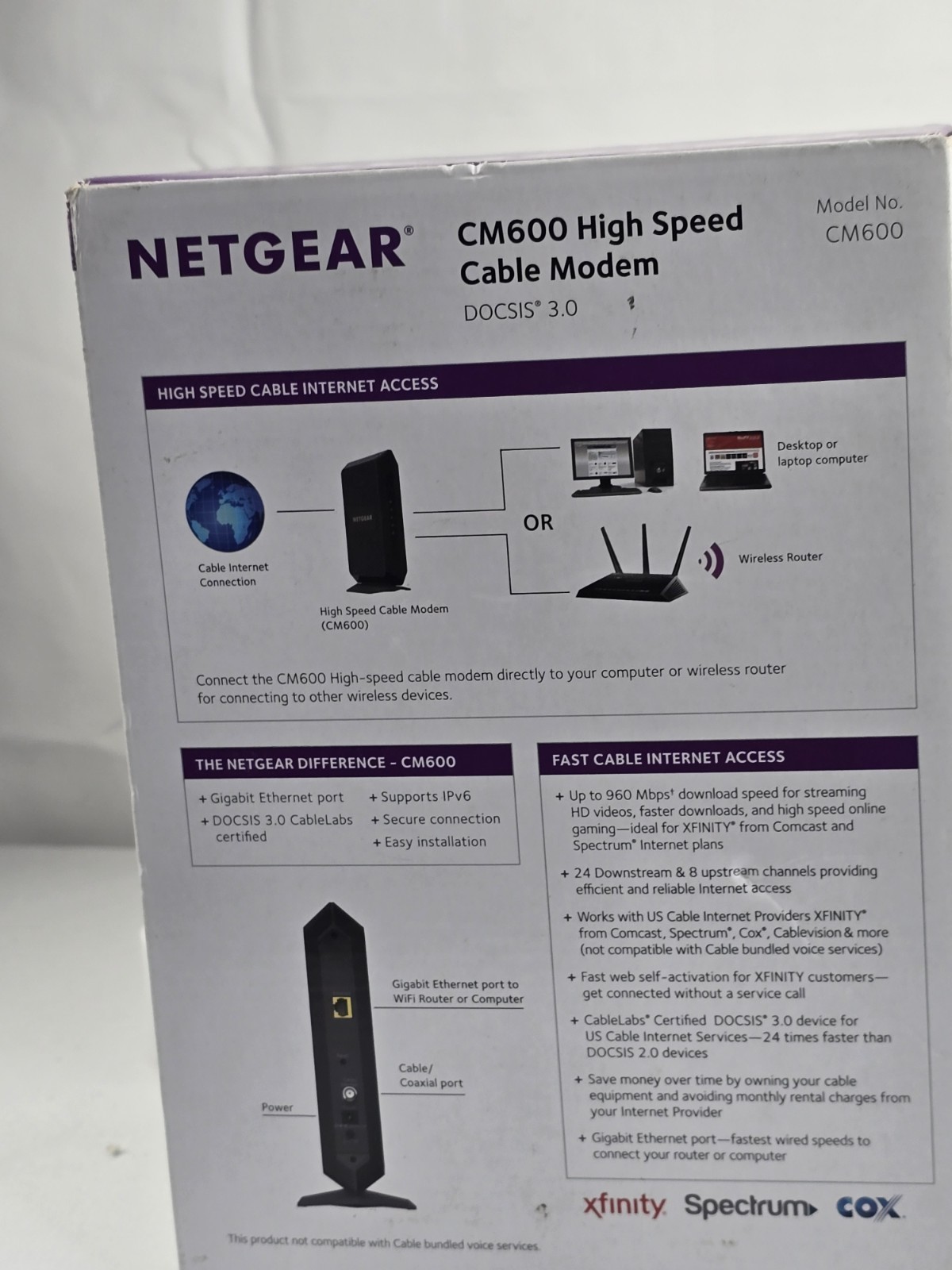 Netgear CM600 Docsis 3.0 Cable Modem. Max Download Speeds Of 960mbps.