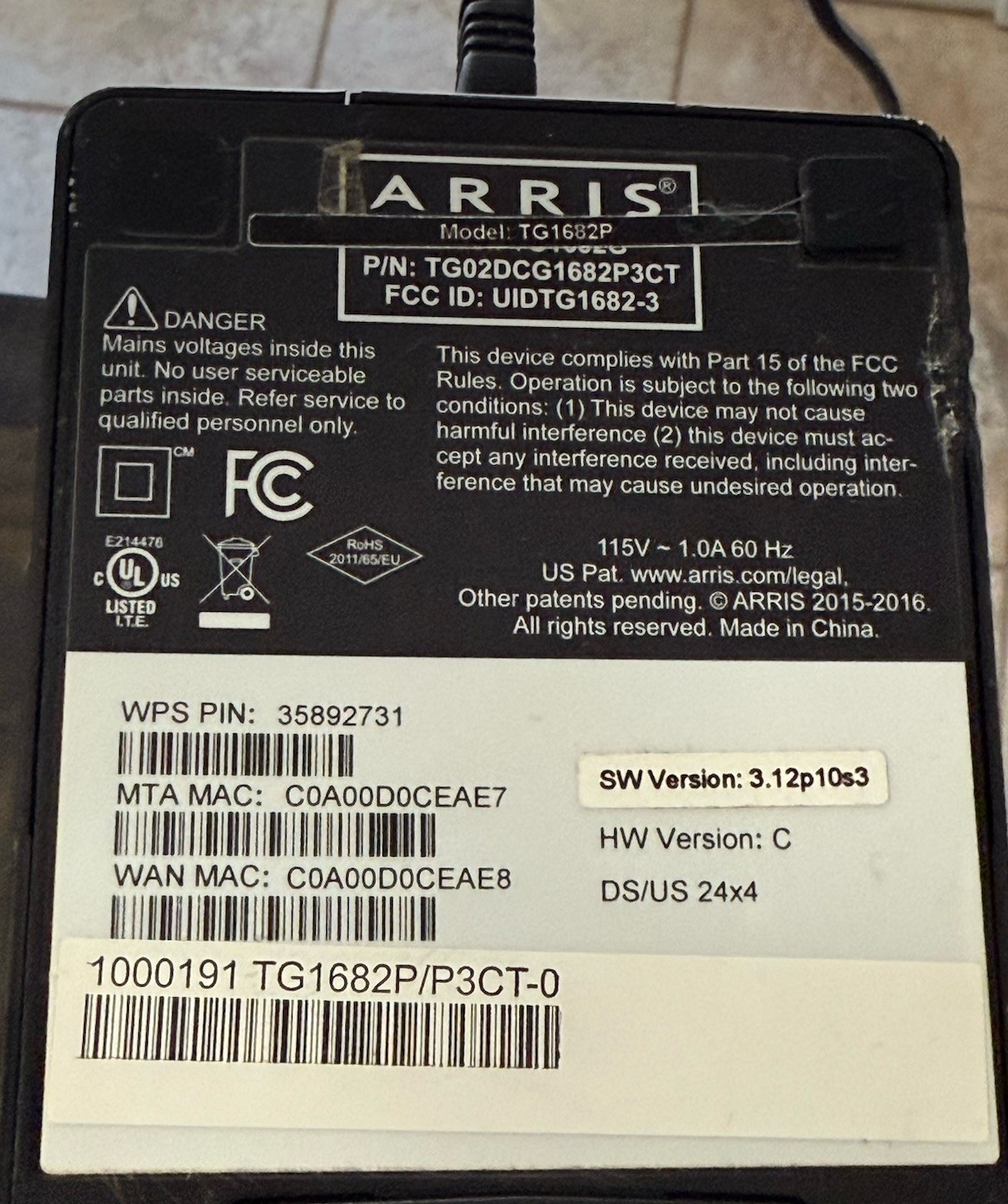 Xfinity Arris TG1682P Prepaid Dual Band Wi-Fi Modem With Power Cords