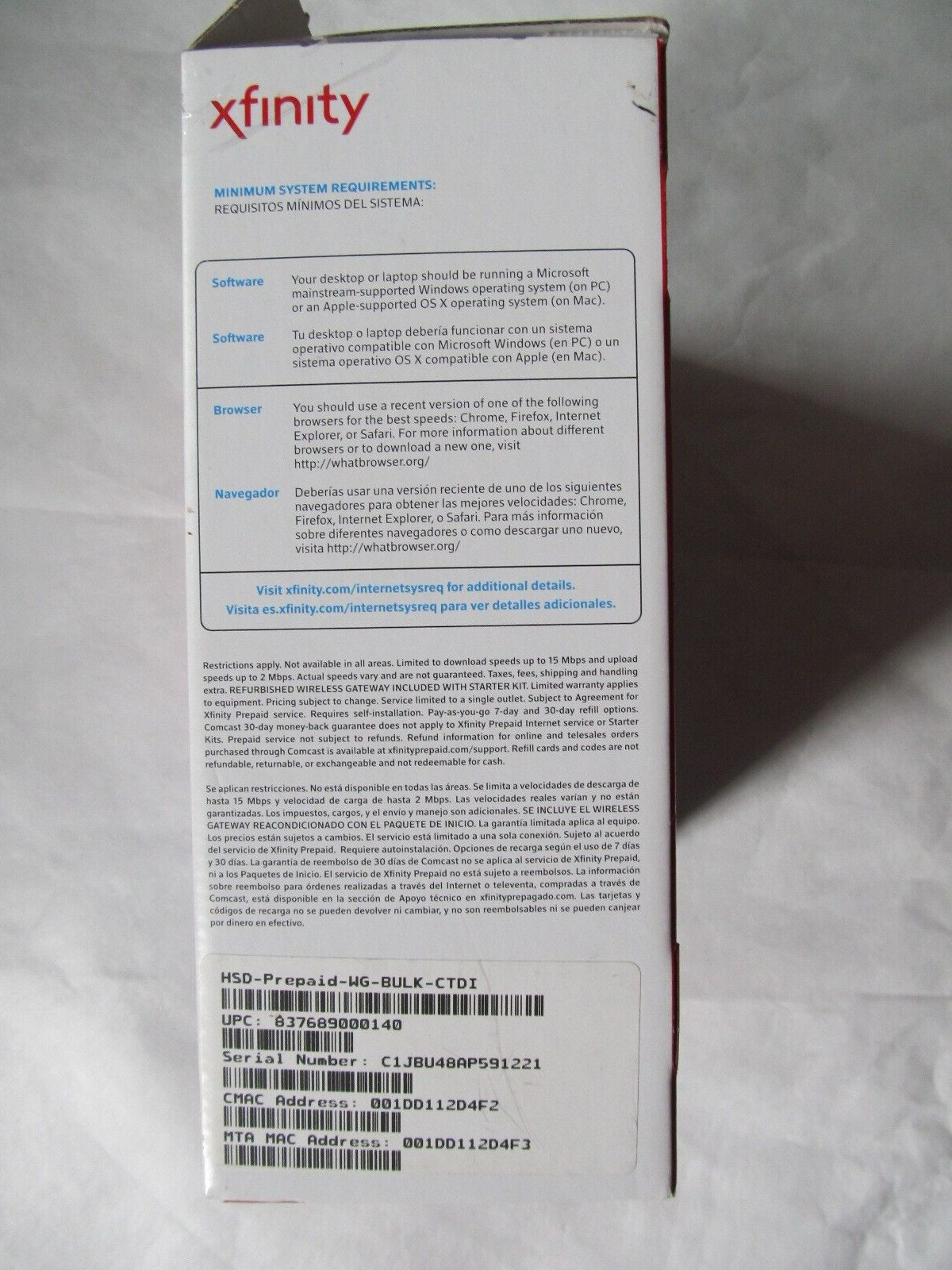 XFINITY Internet Prepaid Starter Kit Arris TG862G router