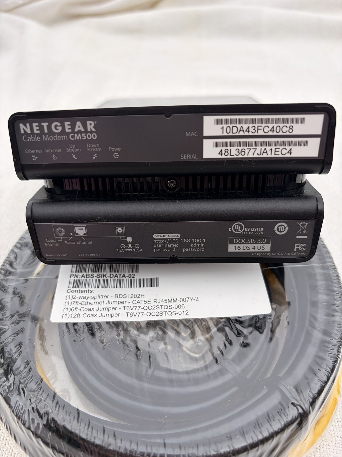 NETGEAR CM500 DOCSIS 3.0 Cable Modem 680 Mbps 1x Gigabit Ethernet w/ Adapter