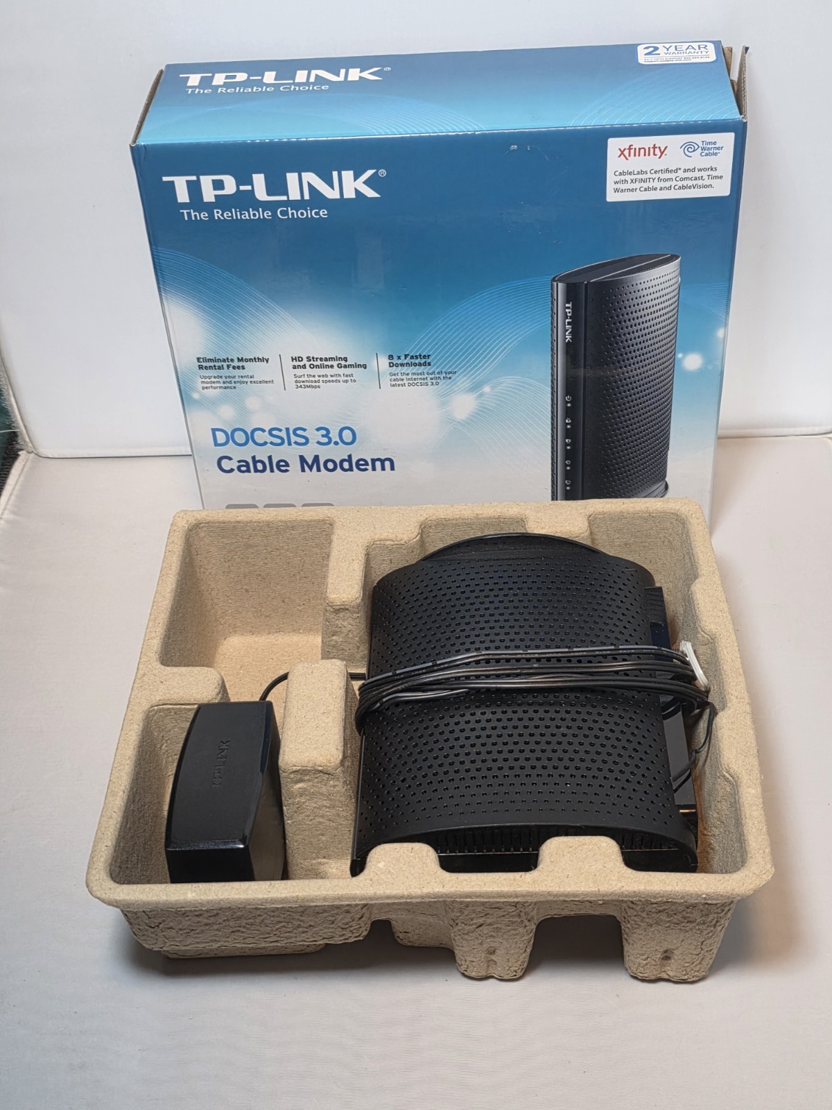 TP-Link TC-7610 DOCSIS 3.0 Cable Modem with Power Adapter – Xfinity Spectrum Cox