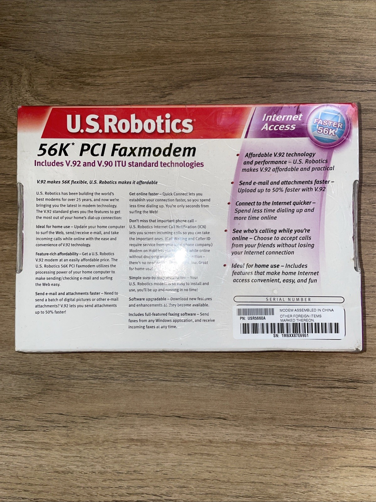 US Robotics V.92 V.90 56K ITU PCI Int Faxmodem Modem USR5660A