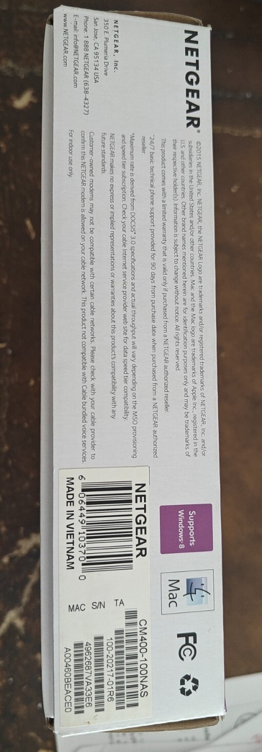 Netgear DOCSIS 3.0 (CM400-100NAS) 340 Mbps 8 x 4 Channel Bonding