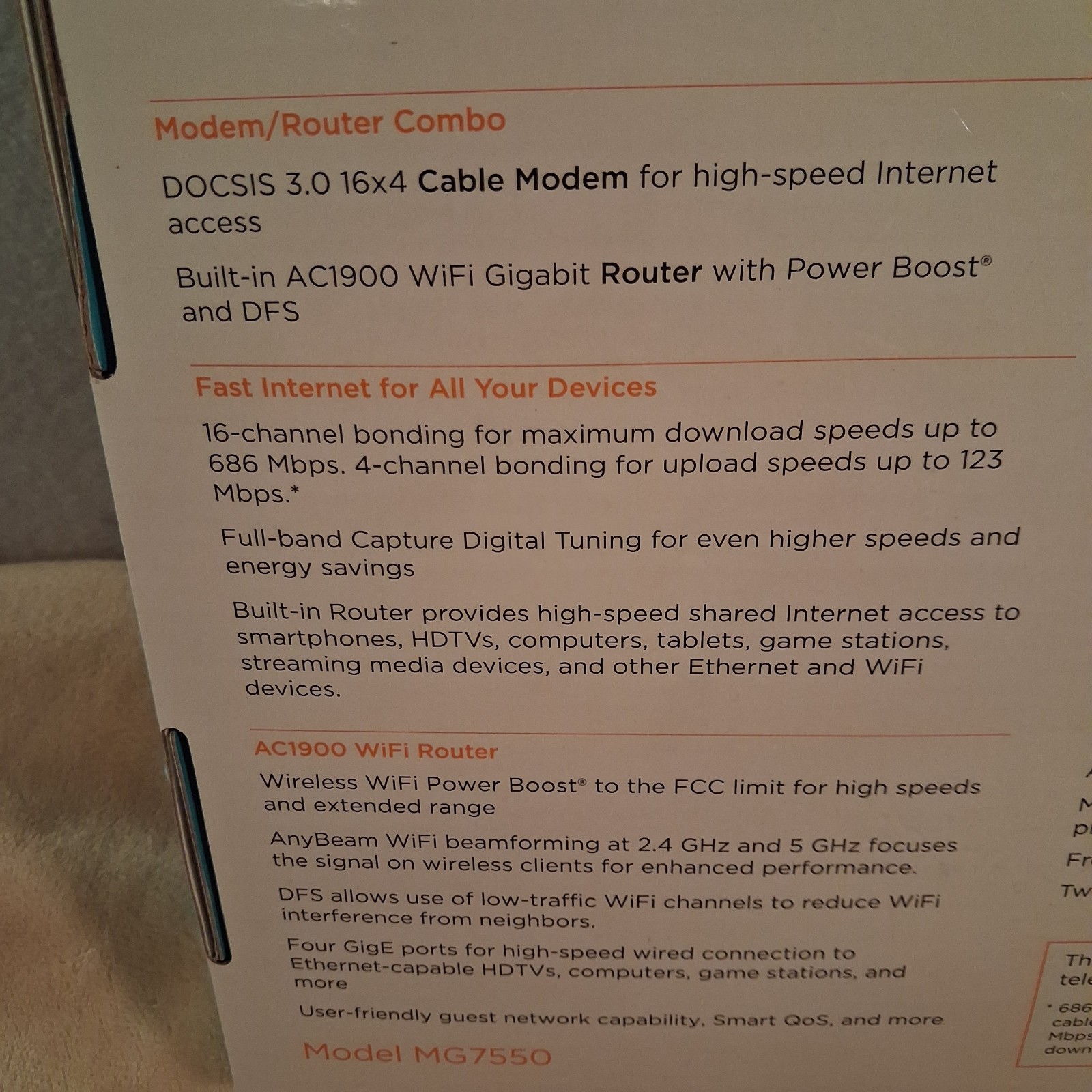 Motorola MG7550 16×4 DOCSIS 3.0 Cable Modem AC1900 Dual Band WiFi Router Combo