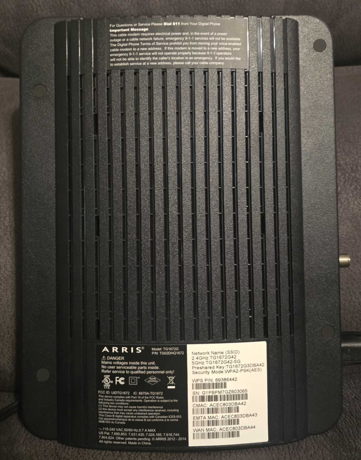 Arris TG1672G GATEWAY WIFI MODEM TG02DHQ1672