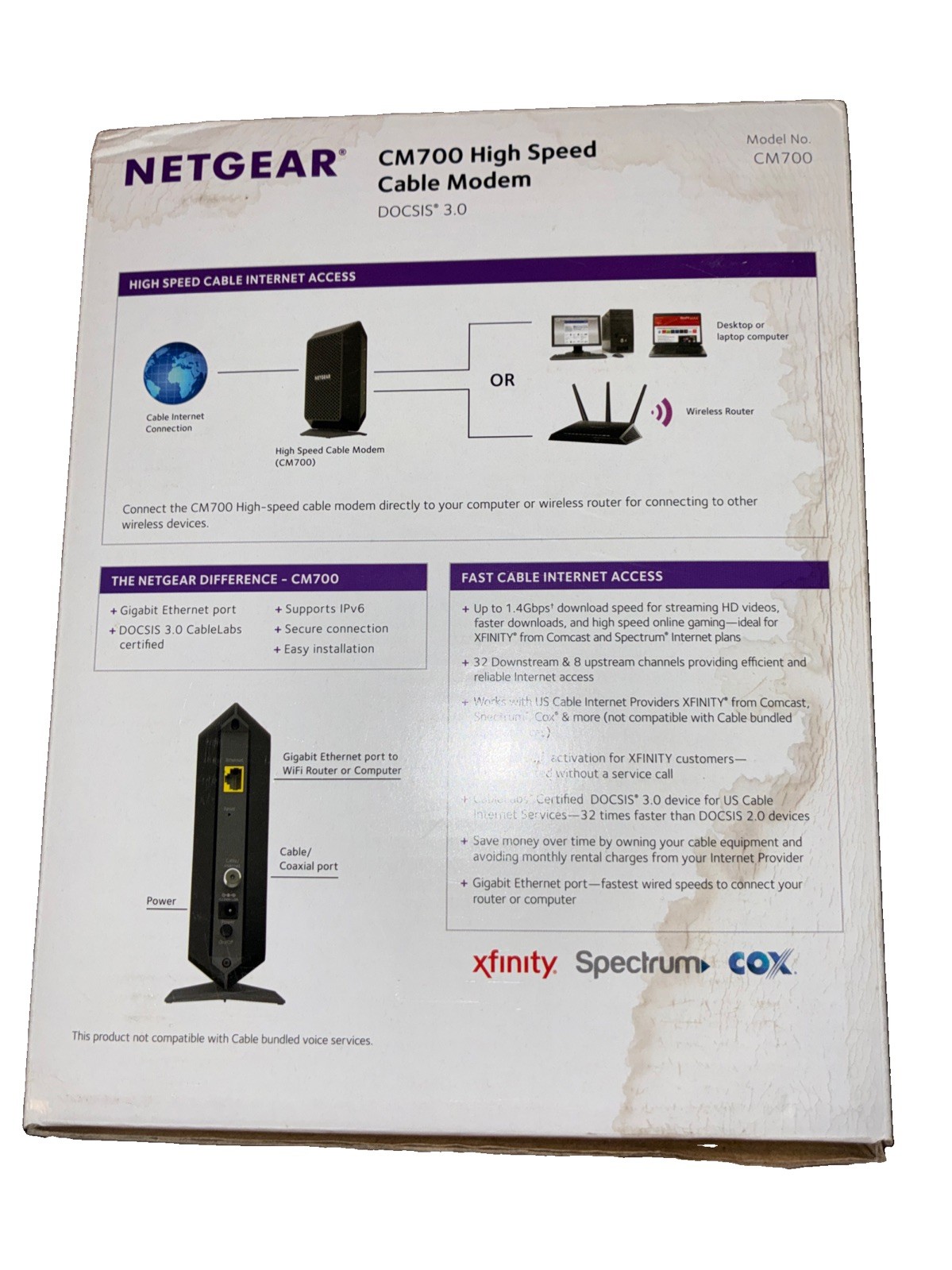 NETGEAR CM700-100NAS Cable Modem Speed UpTo 1.4 Gbps 32×8 Channel Bonding CM700