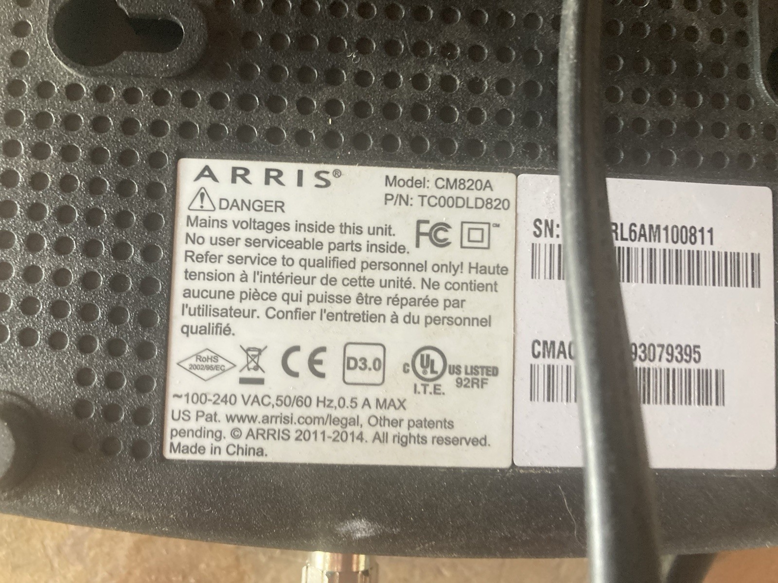 ARRIS Touchstone CM820A Black Cable Modem