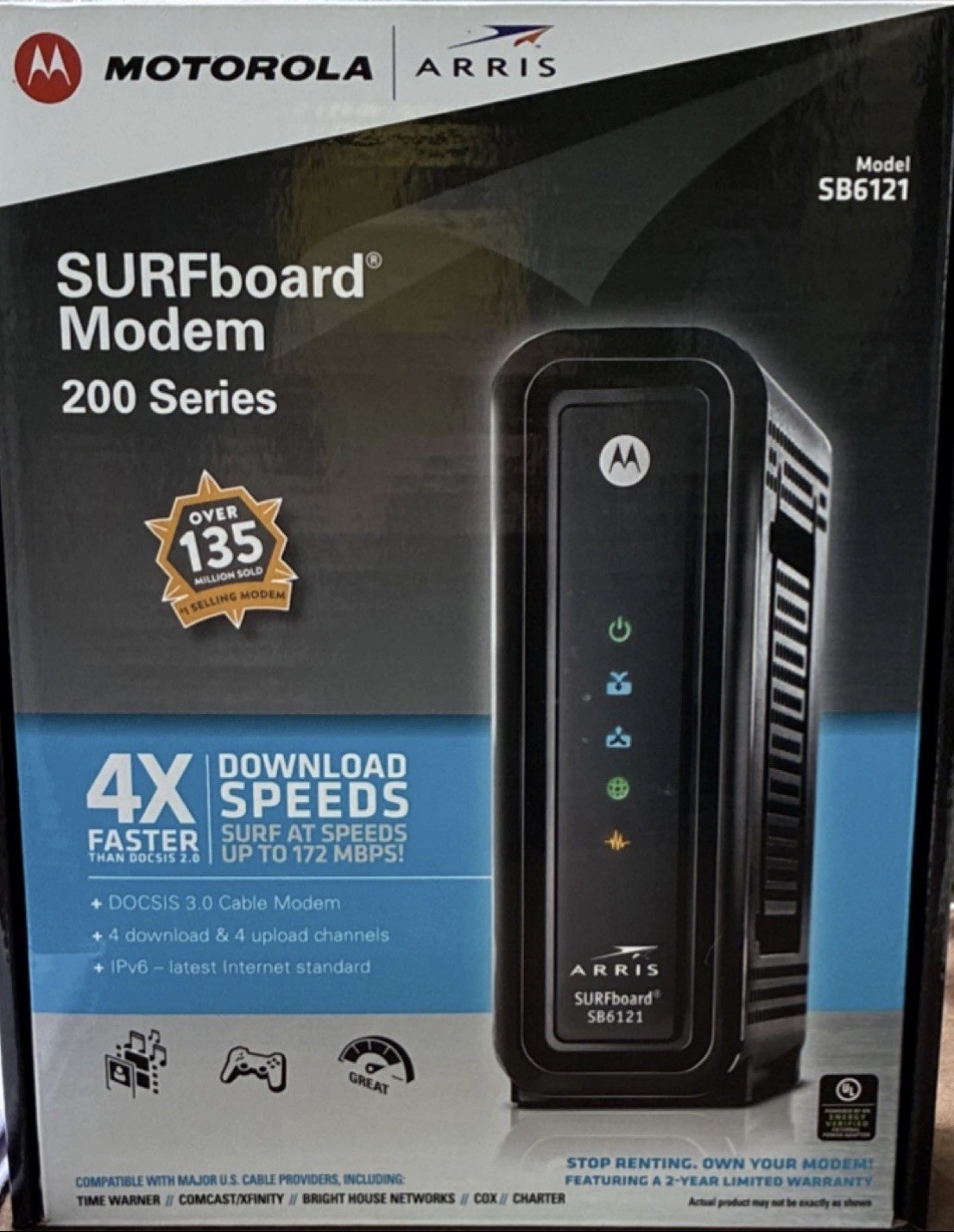 Motorola ARRIS SURFboard SB6121 DOCSIS 3.0 Cable Modem 172 Mbps IPv6 Ethernet