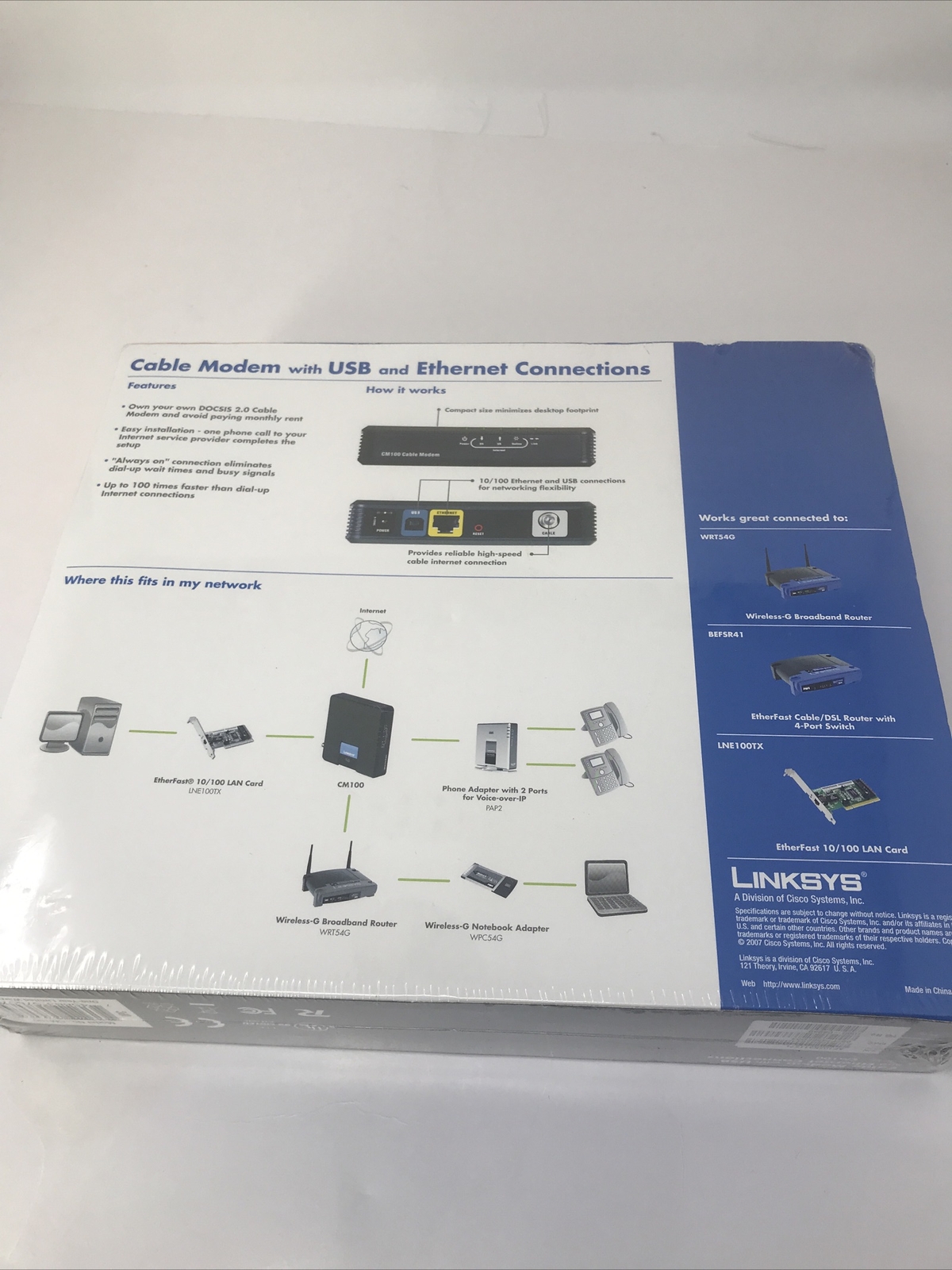 Linksys CM100 100 Mbps Cable Modem W USB And Ethernet Connections Sealed