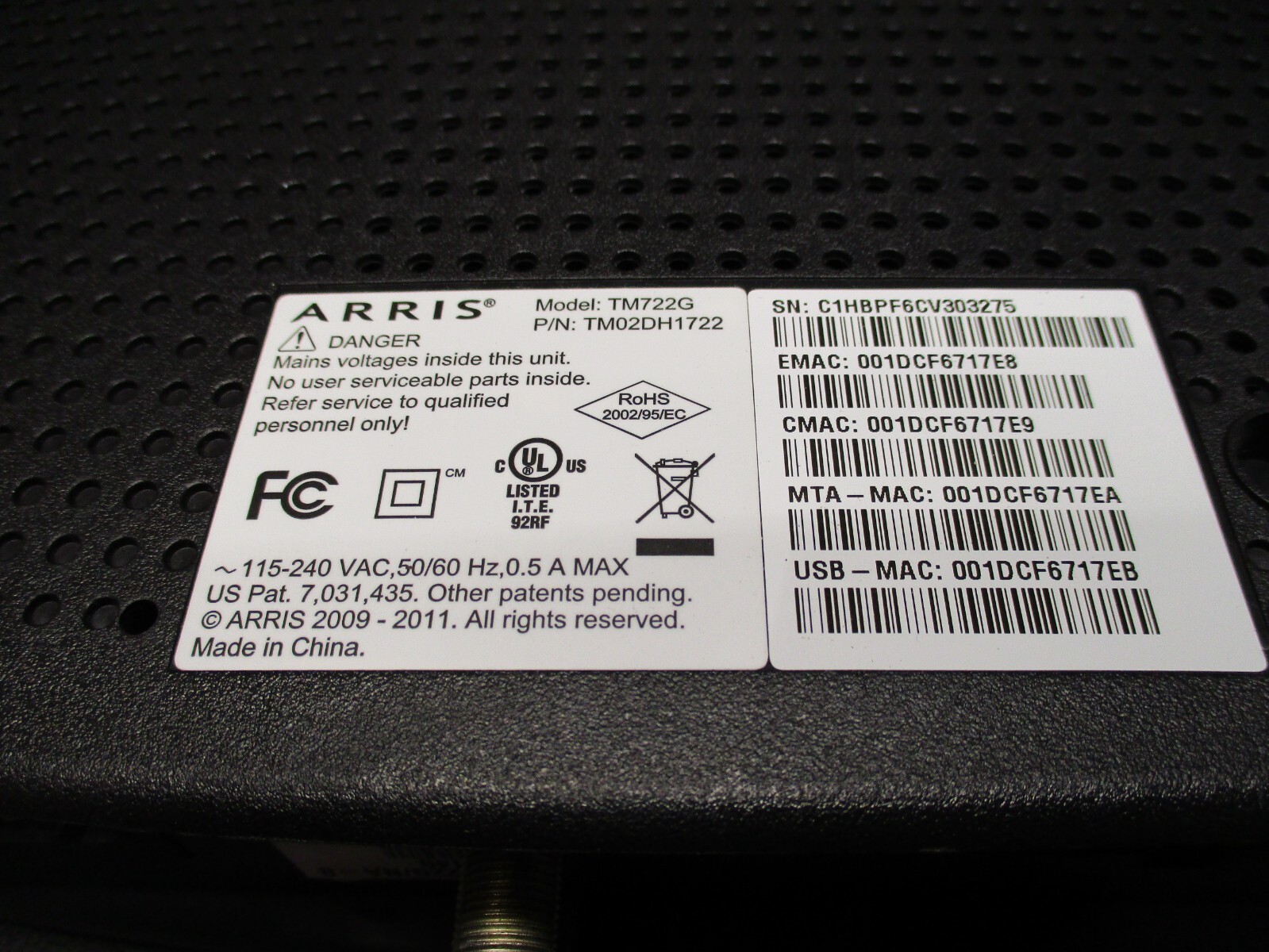 Arris TM722G Modem DOCSIS 3.0 Reverse Compatability – NO Power Cord