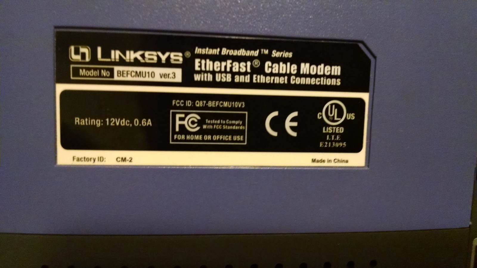 Linksys Cisco Cable Modem Model BEFCMU10 ver 3 with USB/Ethernet Connections