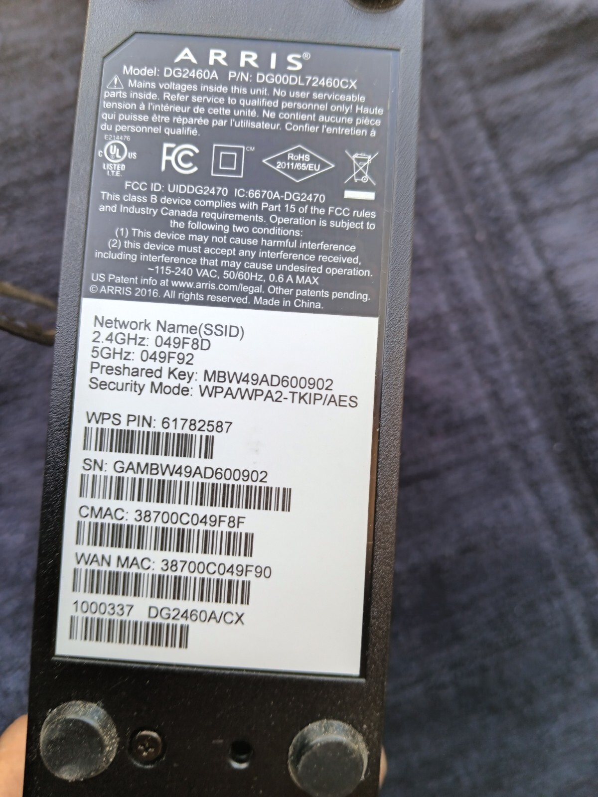 ARRIS (DG2460A) Dual BAND WIFI WIRELESS Router Cable MODEM – WPA2-TKIP/AES ASIS