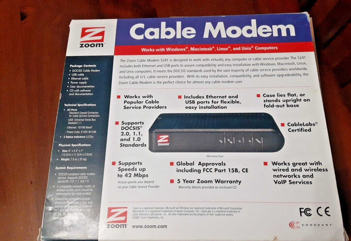 Zoom Cable Modem Ethernet/USB External Mod. 5241 Windows Mac Linus Unix Open Box