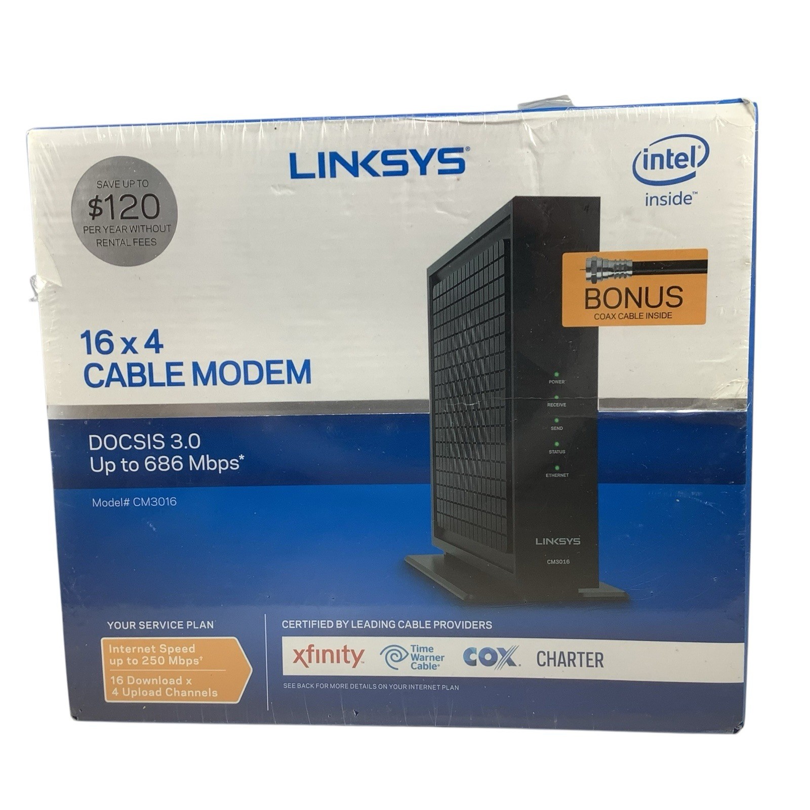 LINKSYS Cable Modem 16×4 Bonded Channels DOCSIS 3.0 Black CM3016 NEW Sealed