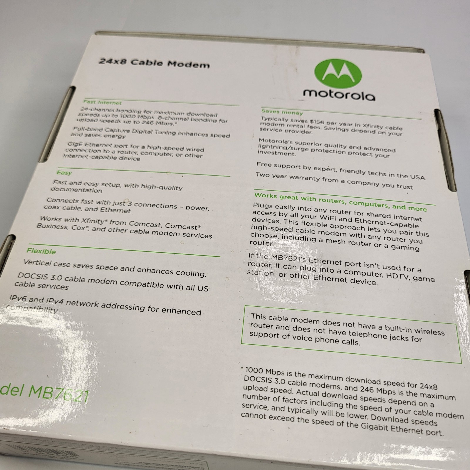 Motorola Mb7621 Cable Modem Router Docsis 3.0 1000+ Mbps Xfinity Cox 24×8 Nib