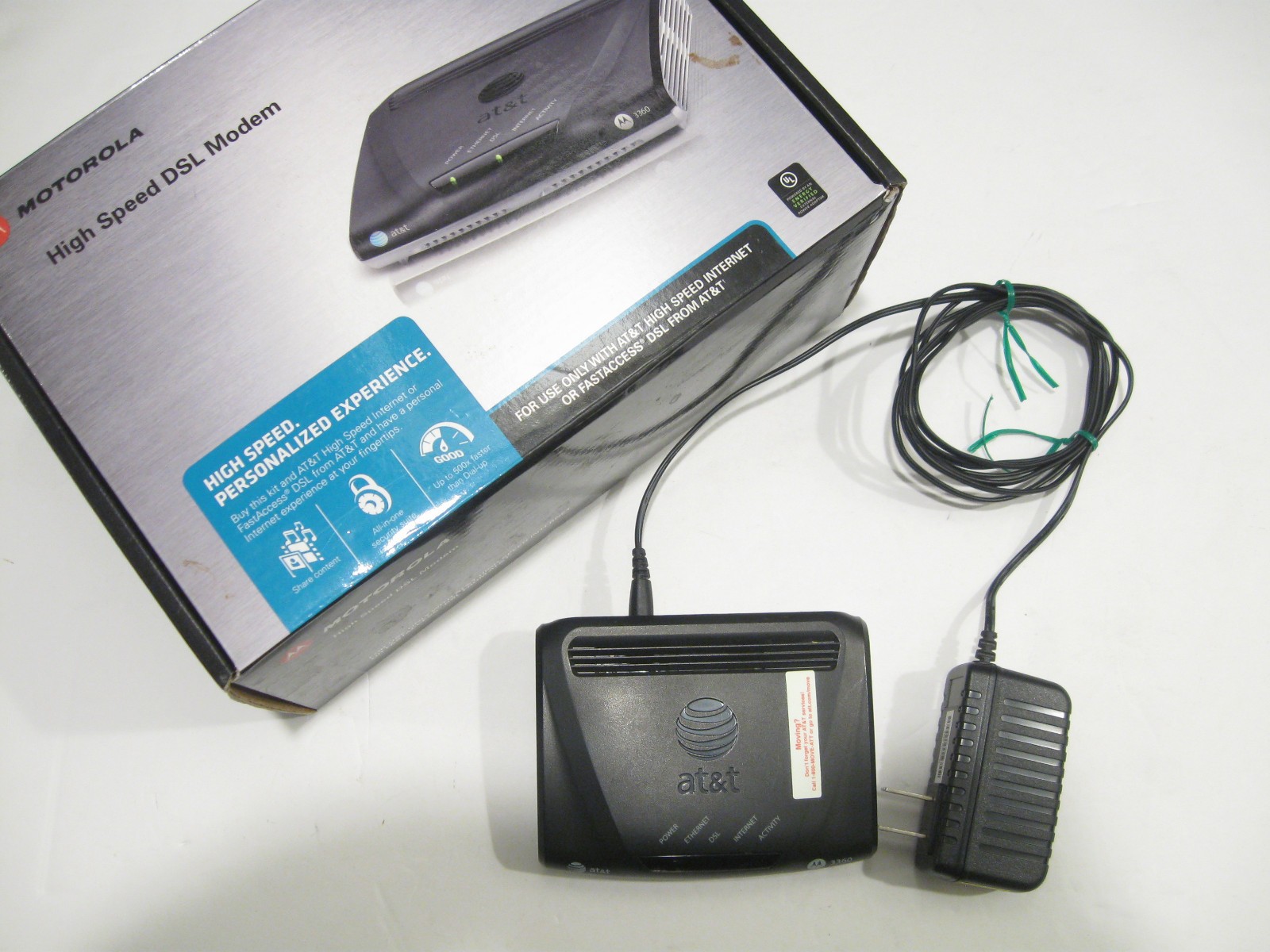 AT&T High Speed DSL Modem, power cord, and box: 3360, 58111-003-00