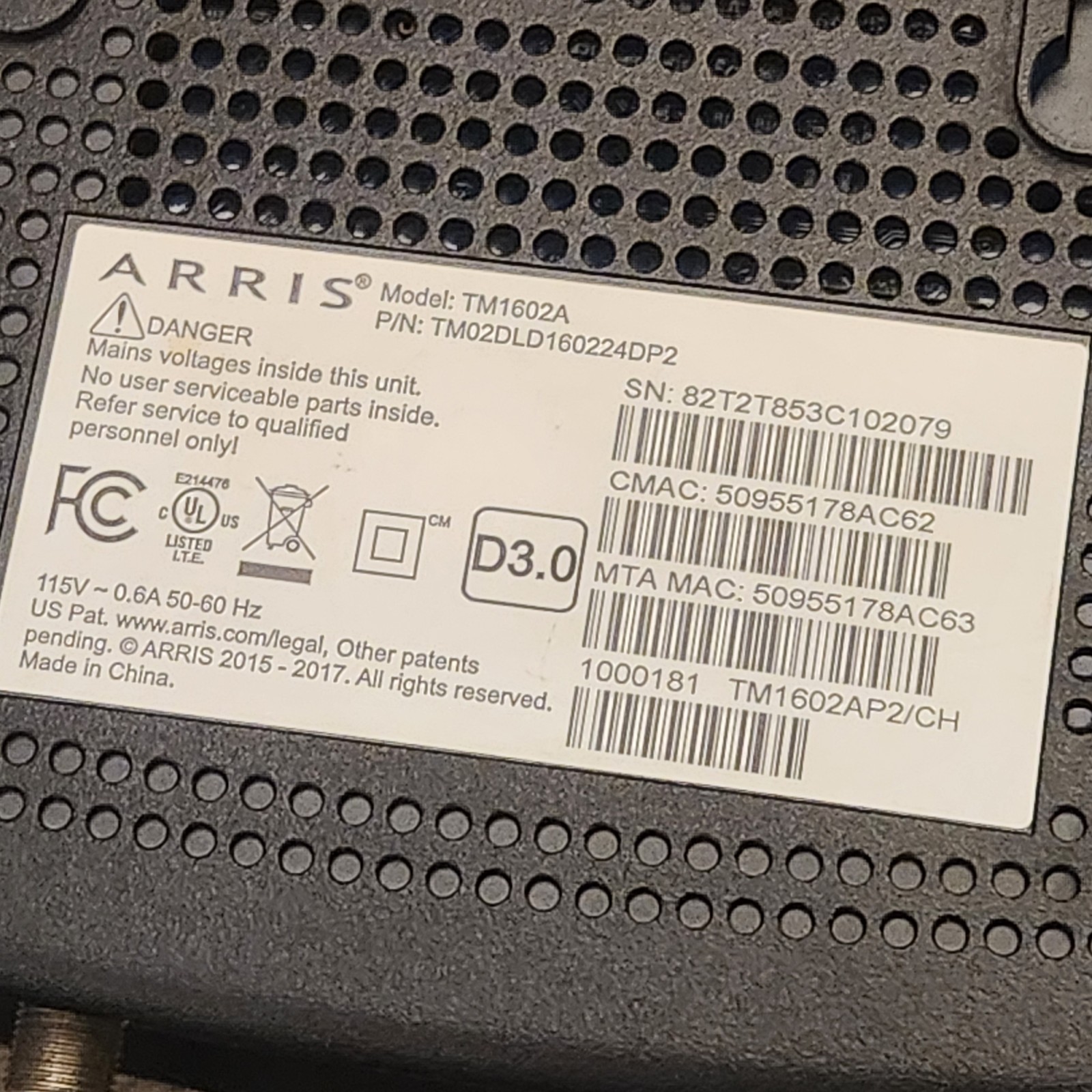 ARRIS Touchstone TM1602A DOCSIS 3.0 Telephony Cable Modem Black – Qwik Ship!