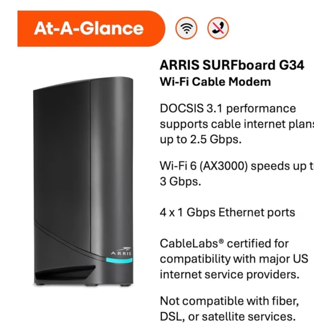 ARRIS Surfboard G34 DOCSIS 3.1 Gigabit Cable Modem and AX3000 Wi-Fi 6 Router
