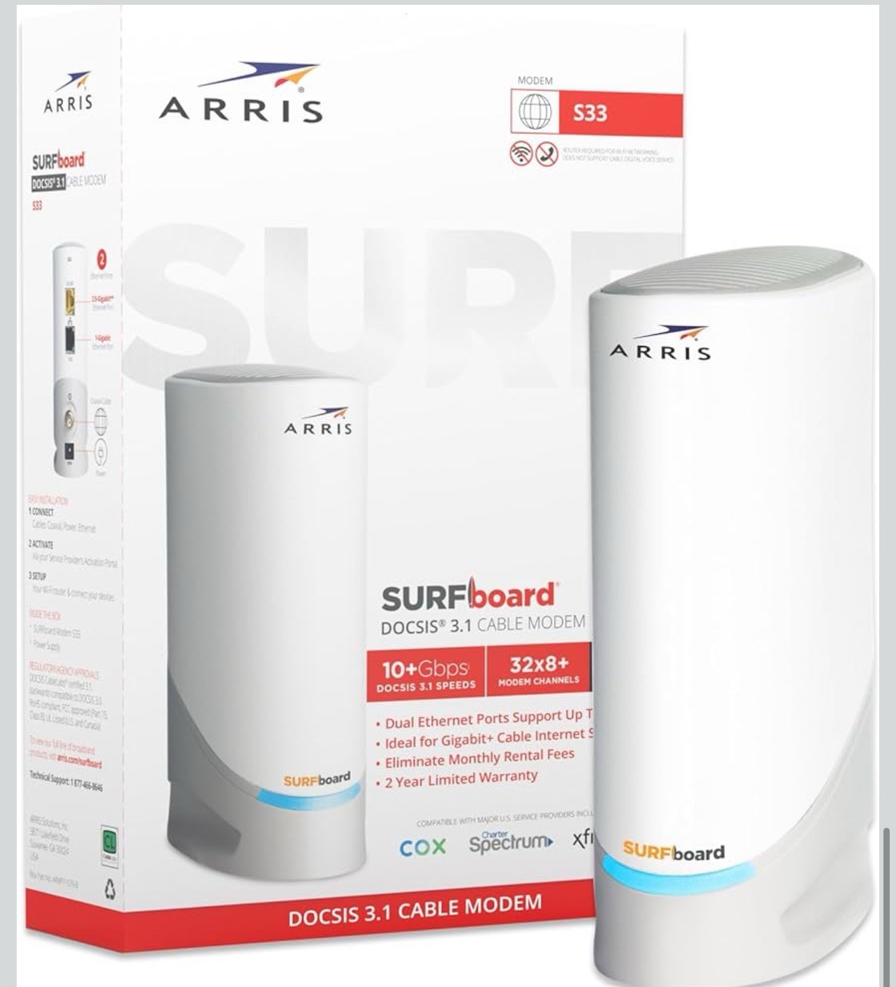 Arris S33 DOCSIS 3.1 Cable Modem 32×8 2.5Gbps Compatible With Cox Spectrum Xfini