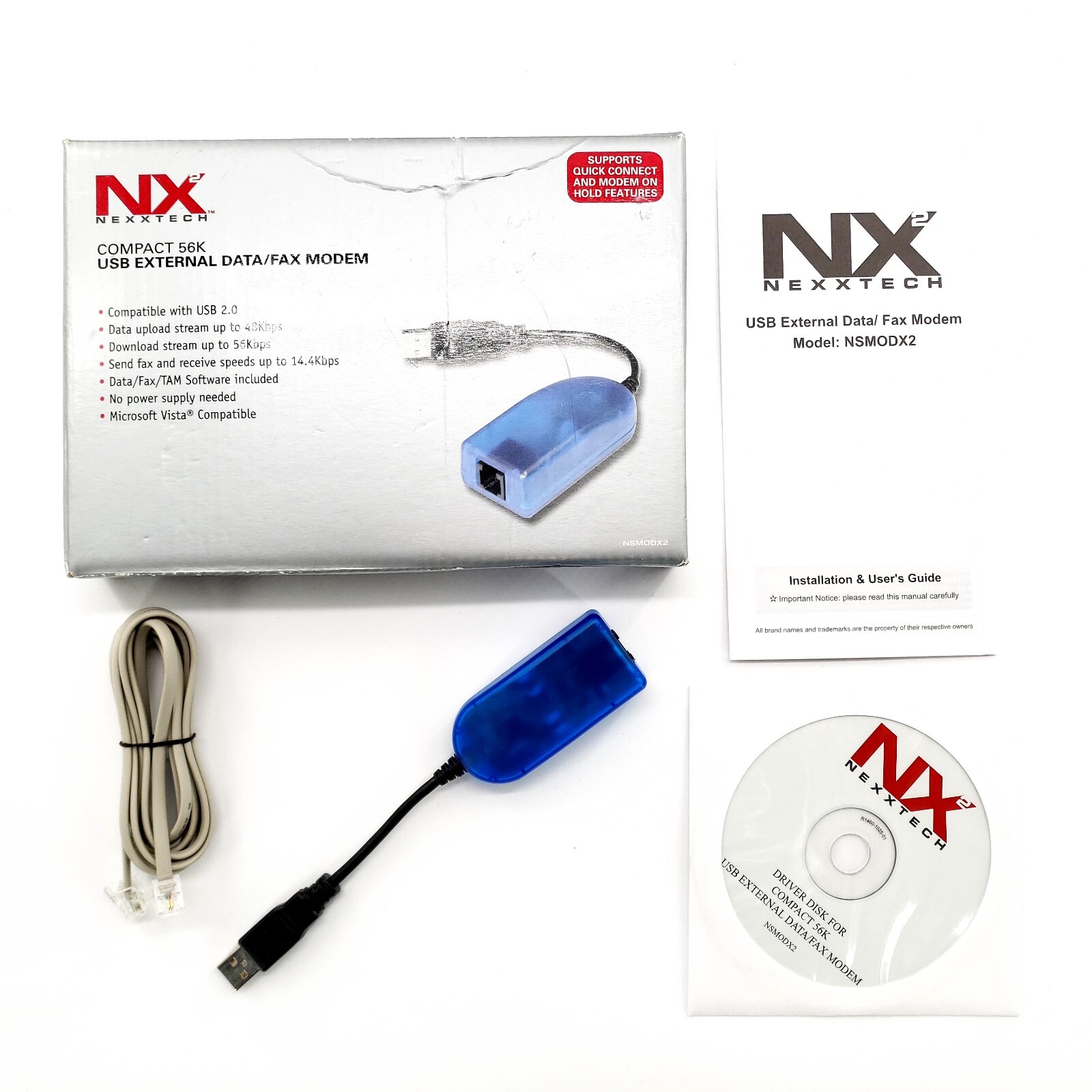 Nexxtech Compact 56K USB External Data/Fax Modem Adapter NSMODX2