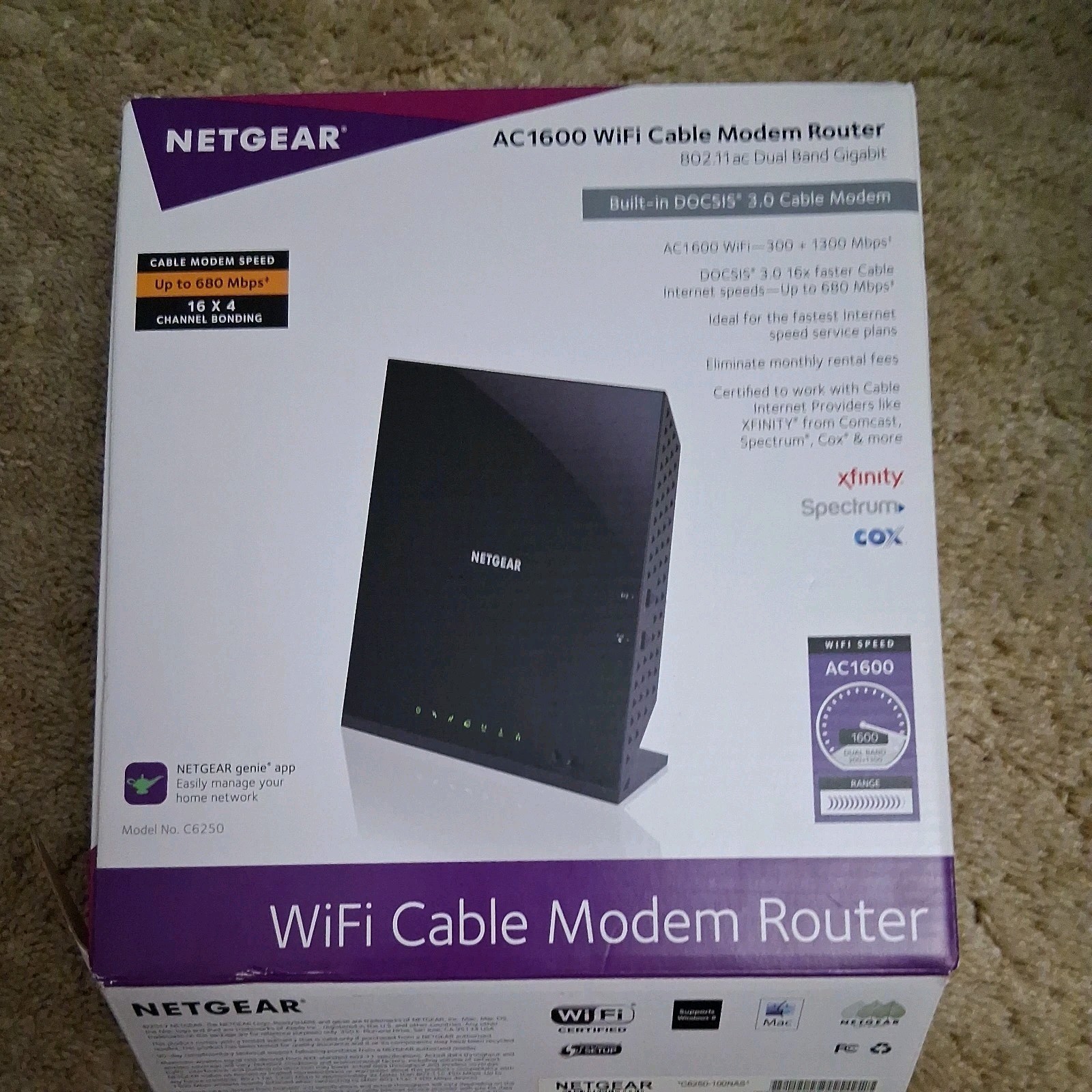 Netgear AC1600 Wifi Cable Modem Router C6250 Black Dual Band. Open Box