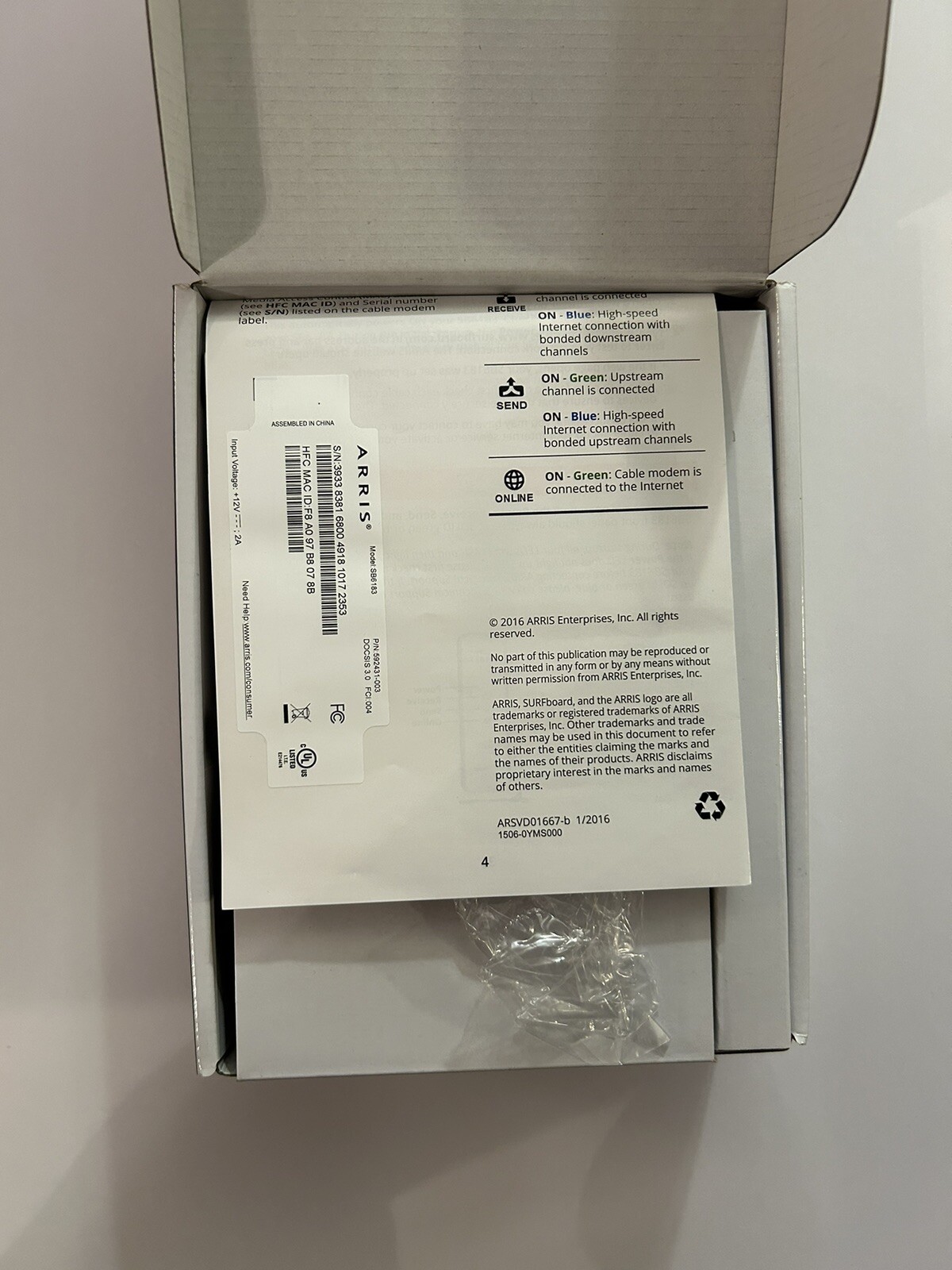 Arris SB6183 SURFboard DOCSIS 3.0 Cable Modem -White Open Box