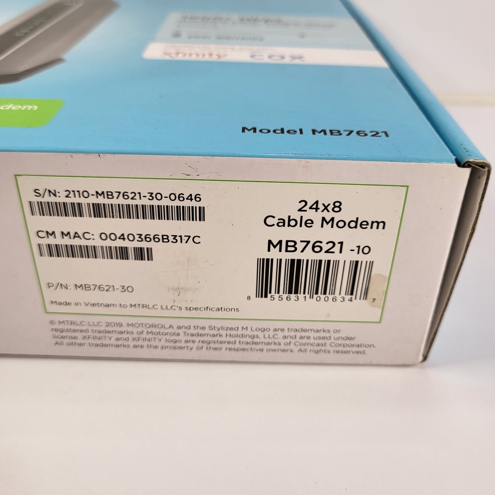 Motorola Mb7621 Cable Modem Router Docsis 3.0 1000+ Mbps Xfinity Cox 24×8 Nib