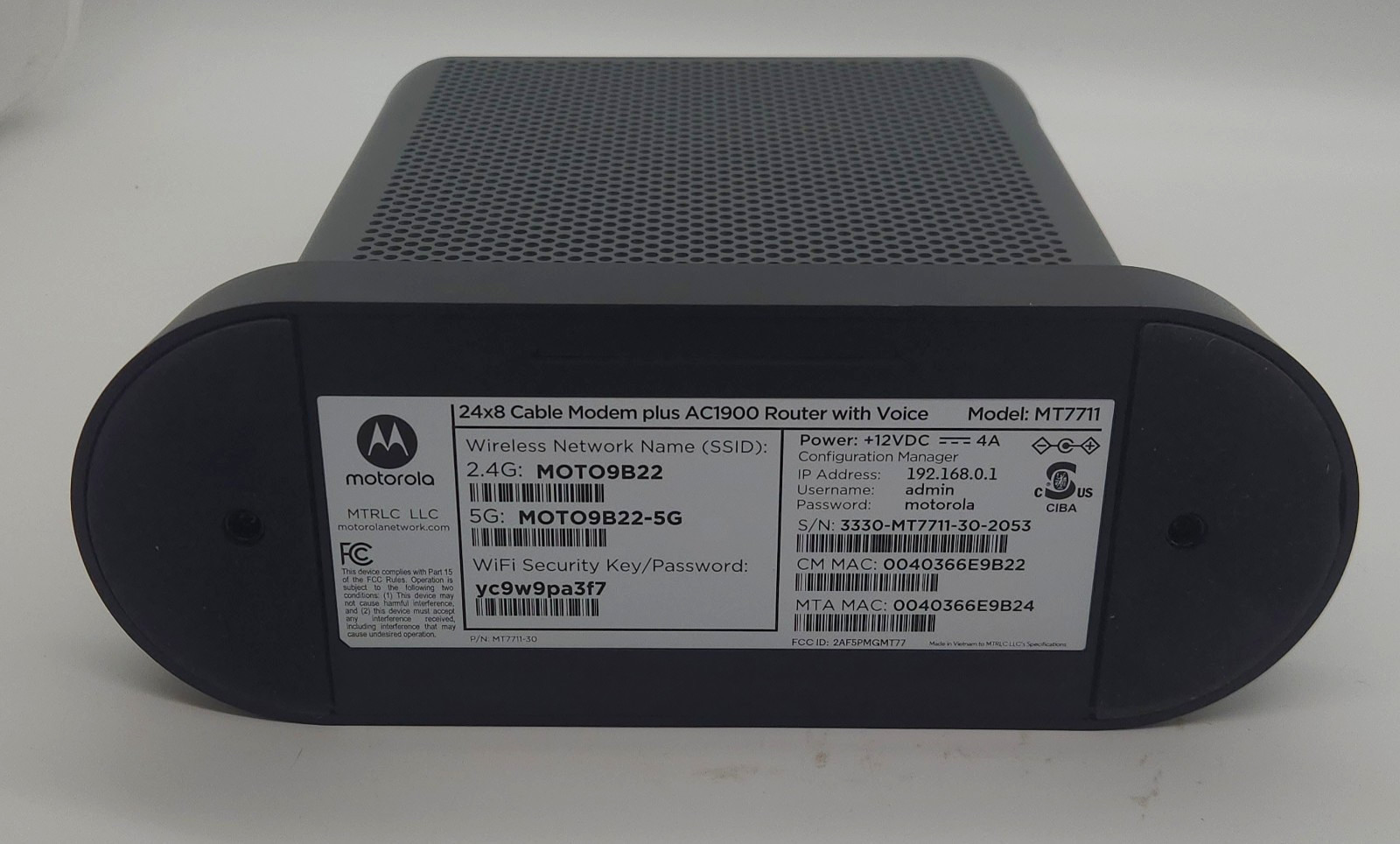 Motorola MT7711 Dual Band AC1900 Cable Modem and Wi-Fi Gigabit Router