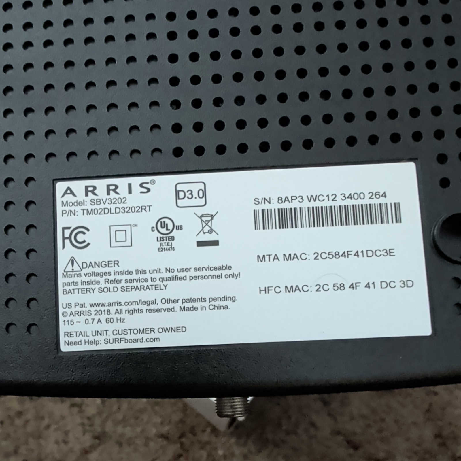 ARRIS SURFboard SBV3202 32×8 Docsis 3.0 Black Cable Modem Computer Internet
