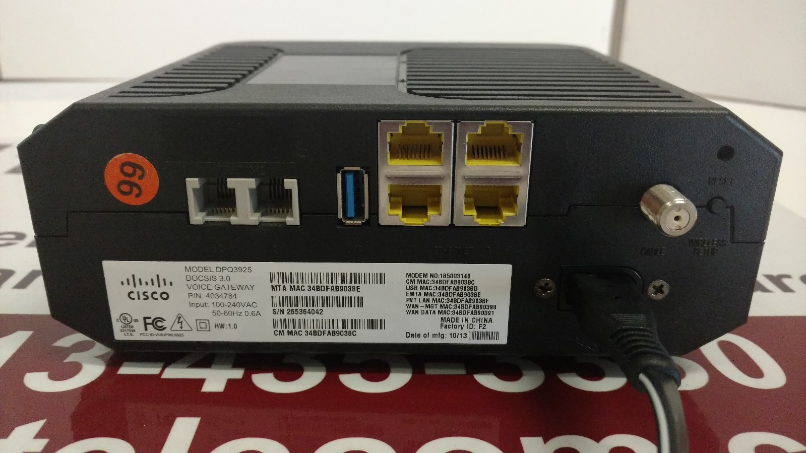CISCO DPQ3925 Gateway Modem Router Docsis 3.0 Wireless WiFi Phone