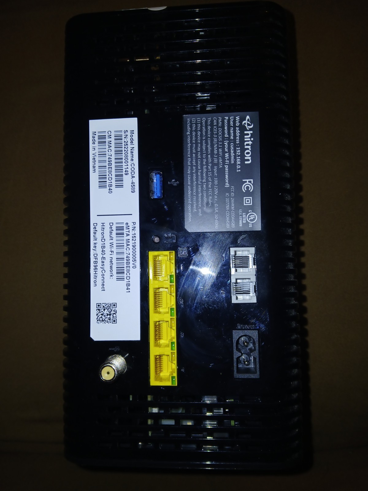 Hitron Coda-4582-ONE MDC DOCSIS 3.1 Cable Modem Router **No Power Cord Unit Only