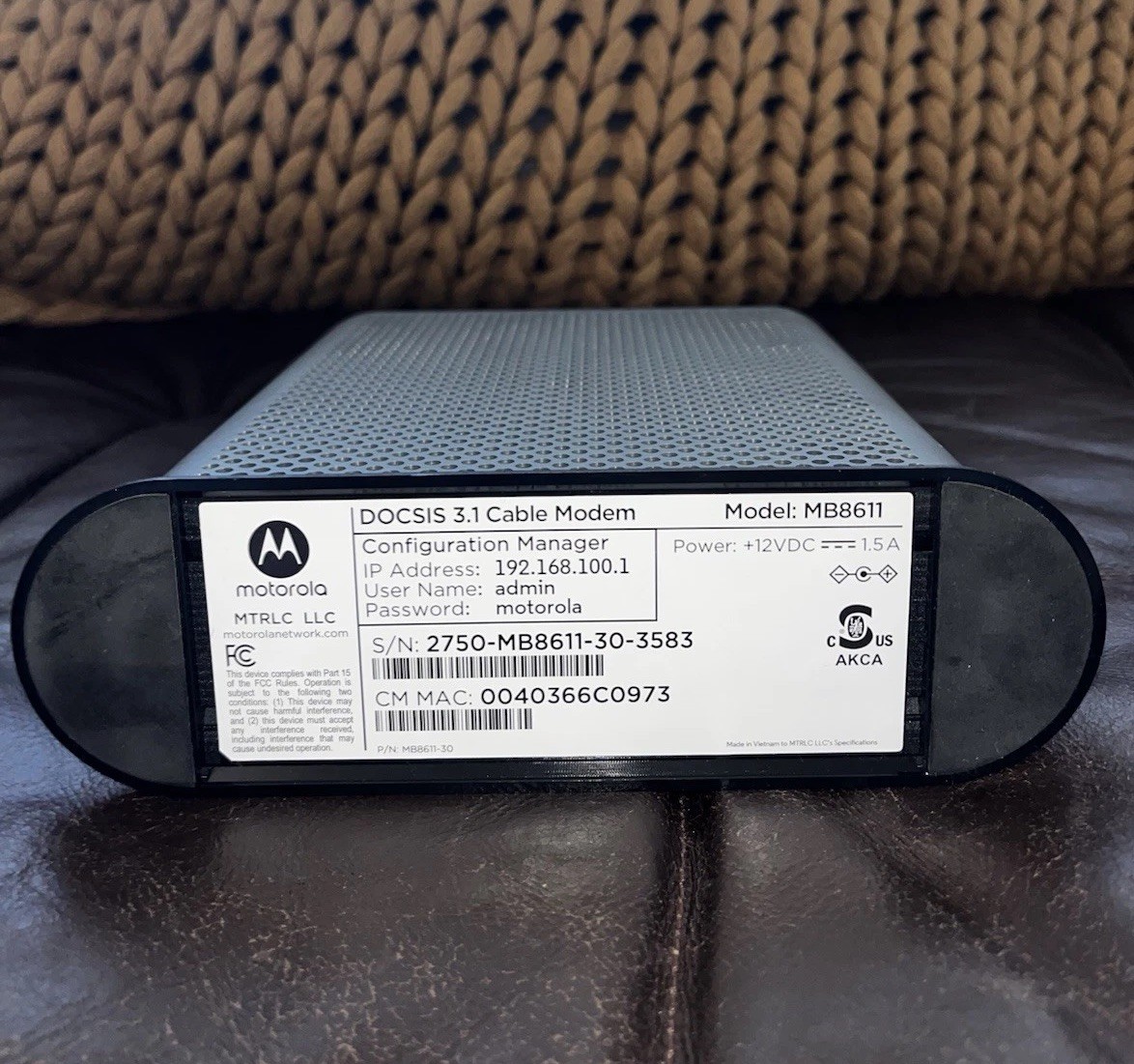 Motorola MB8611 DOCSIS 3.1 Cable Modem + CAT6 Ethernet Cable & RG6 Coax Cable