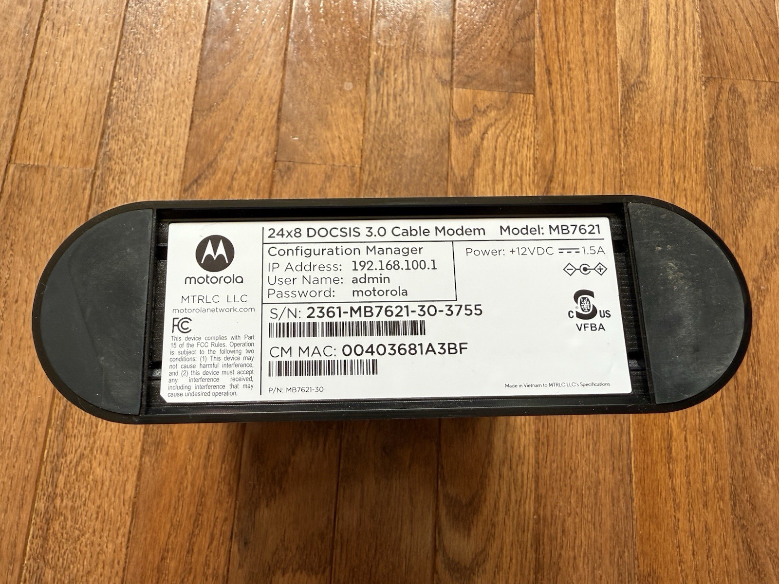 Motorola Cable Modem 24×8 DOCSIS 3.0 Model MB7621 w/ Power Cord