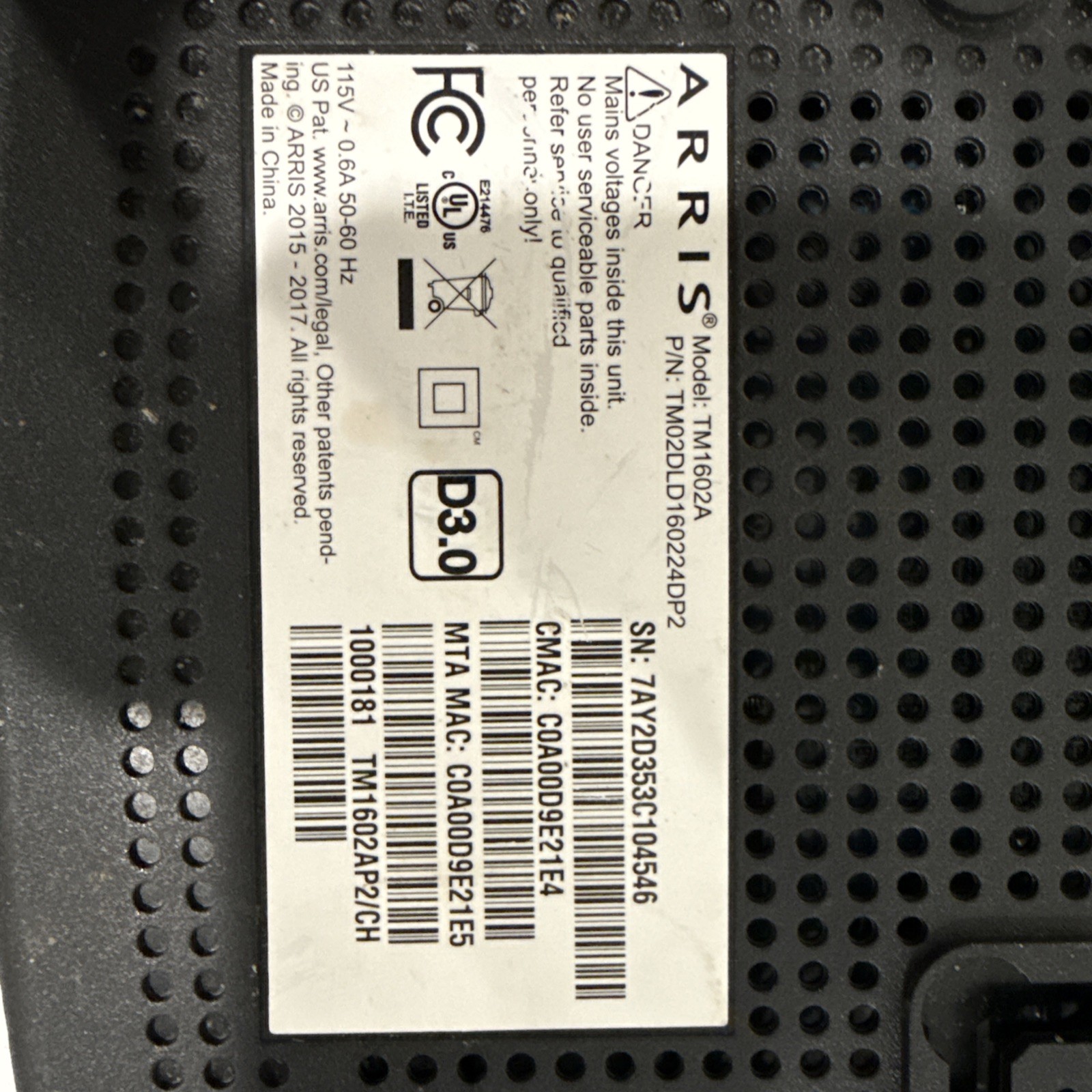 Arris TM1602A DOCSIS 3.0 Telephony Cable Modem