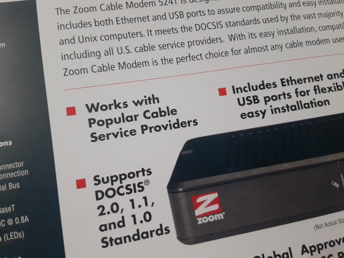 Zoom Cable Modem Ethernet/USB External Mod. 5241 Windows Mac Linus Unix Open Box
