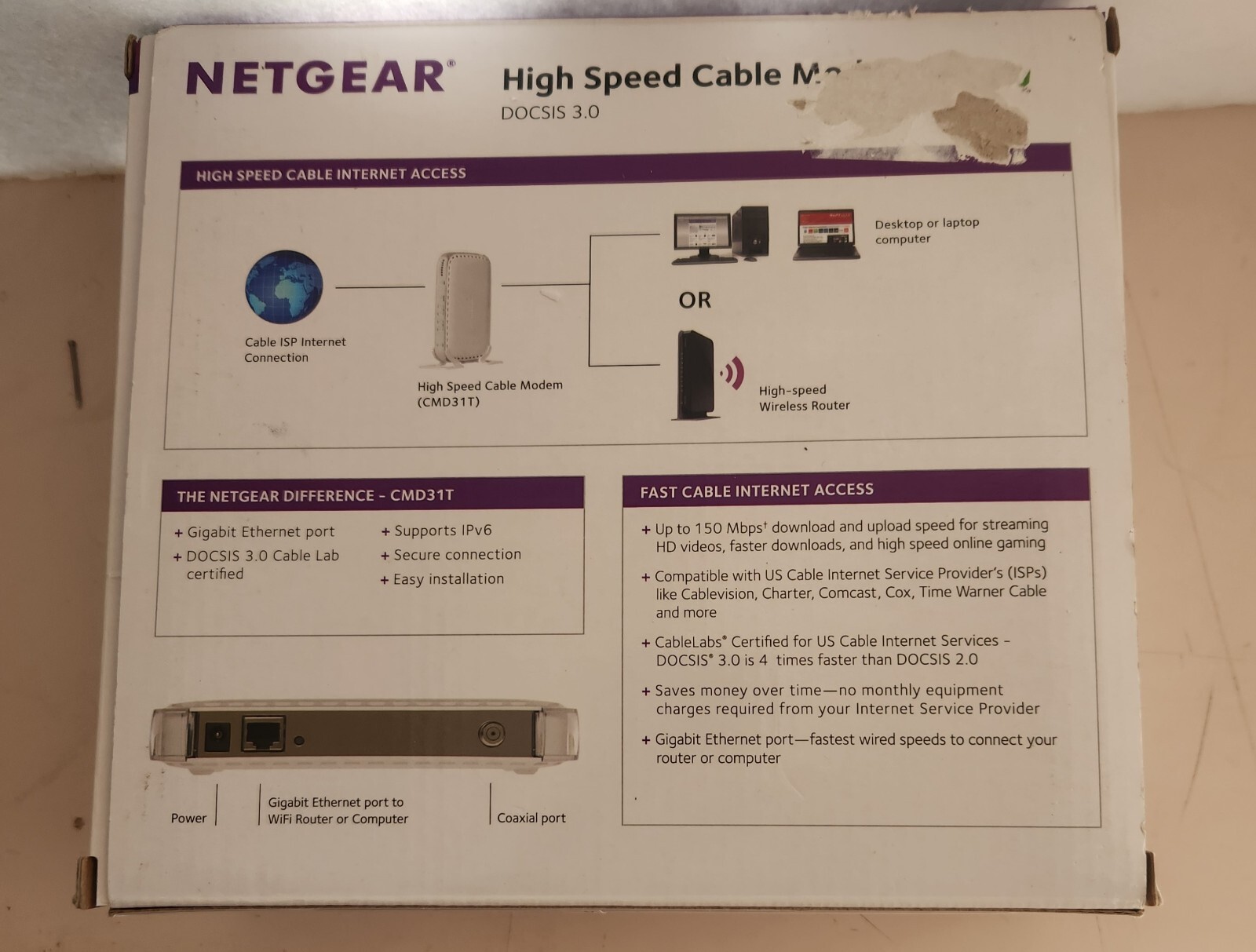 Netgear Internet Modem High Speed Cable Modem DOCSIS 3.0 CMD31T-100NAS Comcast