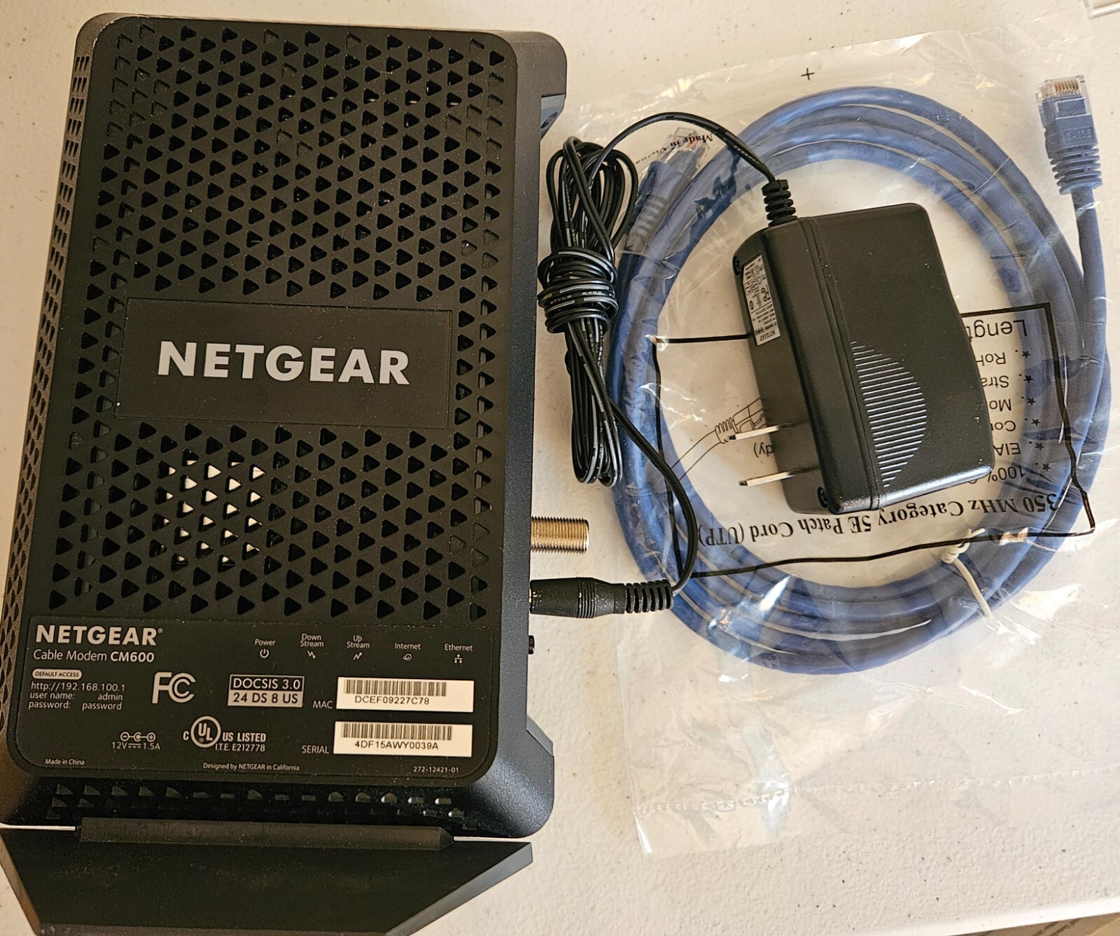 NETGEAR CM600 960Mbps DOCSIS 3.0 Cable Modem with Power Supply