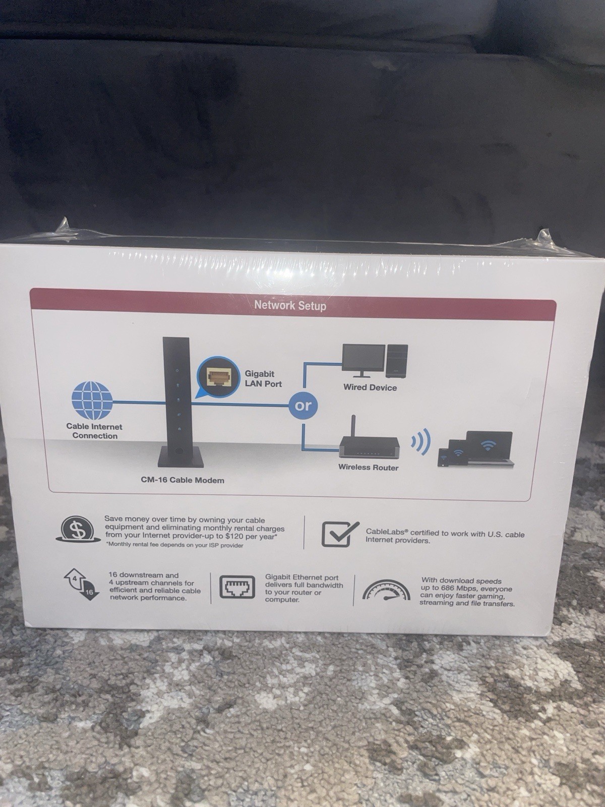 Asus CM-16 DOCSIS 3.0 Cable Modem Gigabit LAN 686Mbps w Power Cord & Ethernet